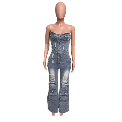 Stylish Feminine Tailored Strapless Stretchy Flare Sleeveless Jean Romper - Style Chic Couture