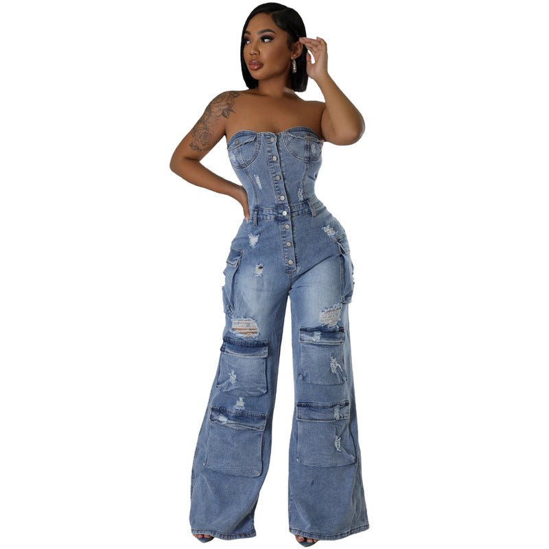 Stylish Feminine Tailored Strapless Stretchy Flare Sleeveless Jean Romper - Style Chic Couture