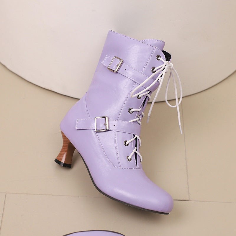 Stylish Mid Height Heel Rustic Floral 40 - 50 Wide Fit Versatile Lace - Up Ankle Women's Boots - Style Chic Couture