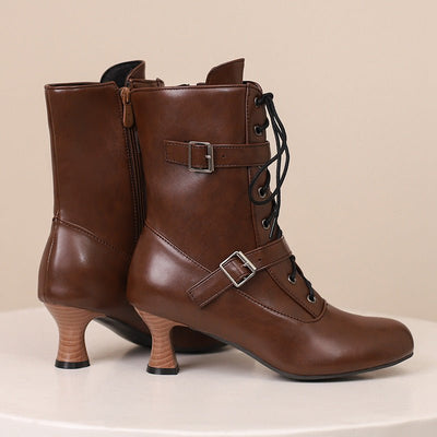 Stylish Mid Height Heel Rustic Floral 40 - 50 Wide Fit Versatile Lace - Up Ankle Women's Boots - Style Chic Couture