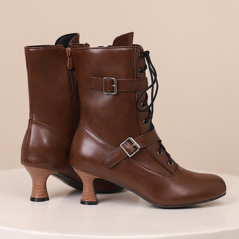 Stylish Mid Height Heel Rustic Floral 40 - 50 Wide Fit Versatile Lace - Up Ankle Women's Boots - Style Chic Couture