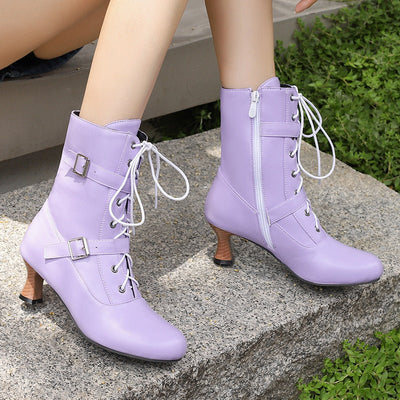 Stylish Mid Height Heel Rustic Floral 40 - 50 Wide Fit Versatile Lace - Up Ankle Women's Boots - Style Chic Couture