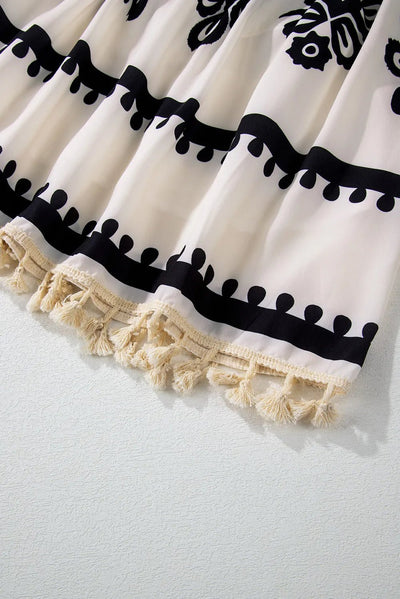 Tassel Printed Three - Quarter Sleeve Mini Dress - Style Chic Couture