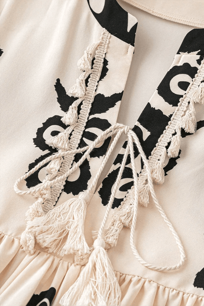 Tassel Printed Three - Quarter Sleeve Mini Dress - Style Chic Couture