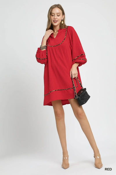 Umgee Textured Babydoll Dress with Leopard Trim - Style Chic Couture