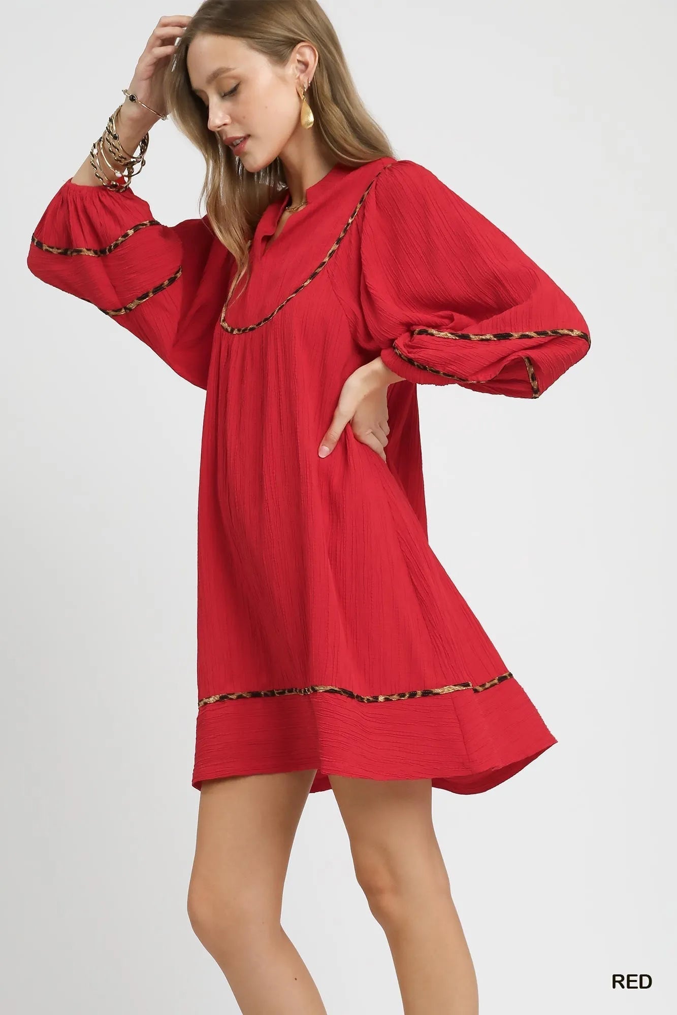 Umgee Textured Babydoll Dress with Leopard Trim - Style Chic Couture
