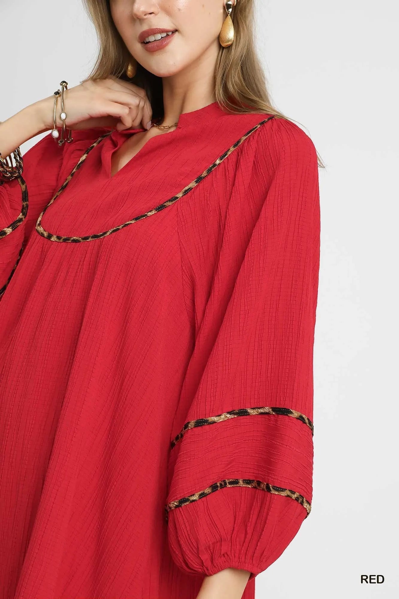 Umgee Textured Babydoll Dress with Leopard Trim - Style Chic Couture