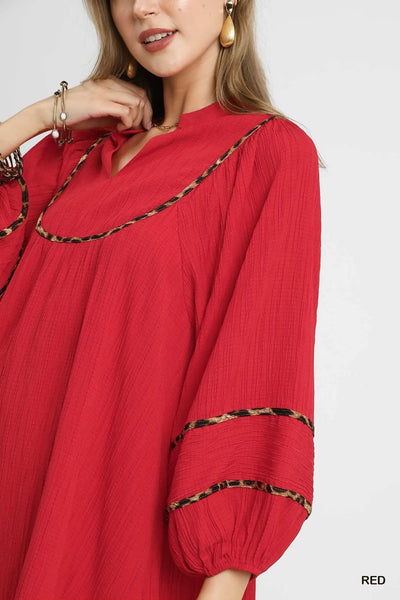 Umgee Textured Babydoll Dress with Leopard Trim - Style Chic Couture