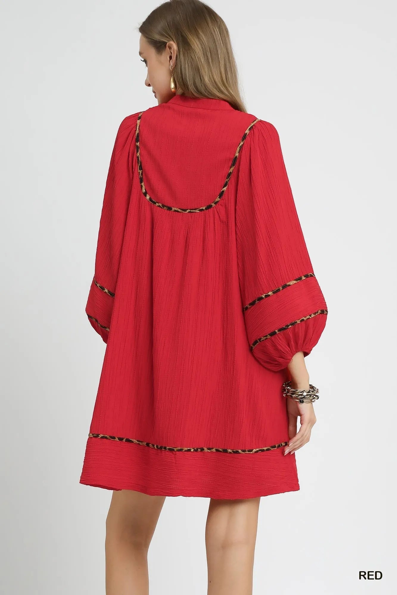 Umgee Textured Babydoll Dress with Leopard Trim - Style Chic Couture