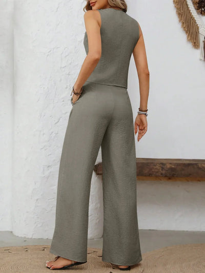 V - Neck Button Down Vest and Wide Leg Pants Set - Style Chic Couture