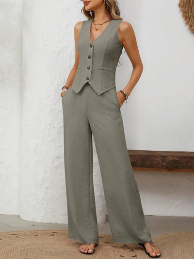 V - Neck Button Down Vest and Wide Leg Pants Set - Style Chic Couture