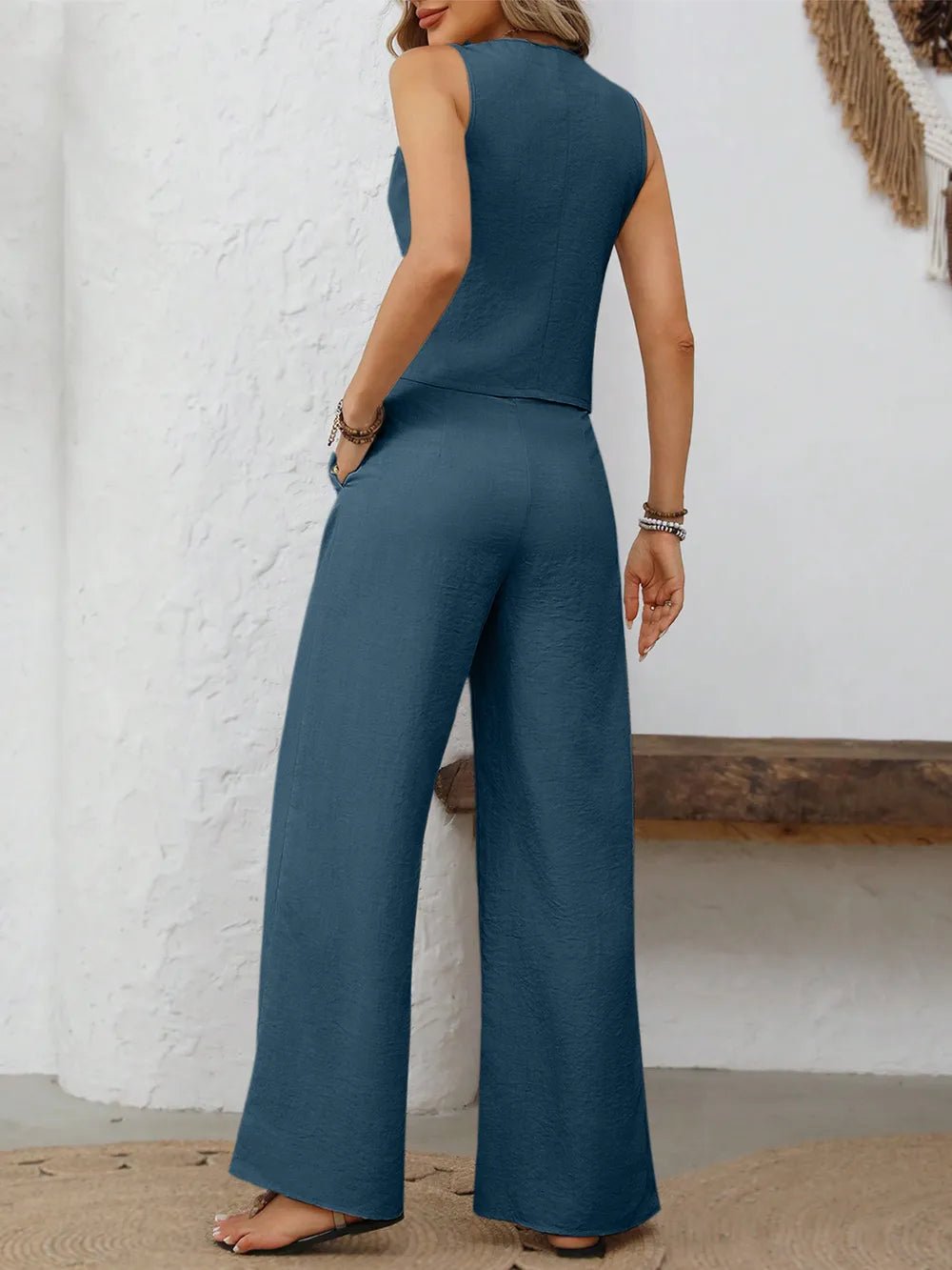 V - Neck Button Down Vest and Wide Leg Pants Set - Style Chic Couture