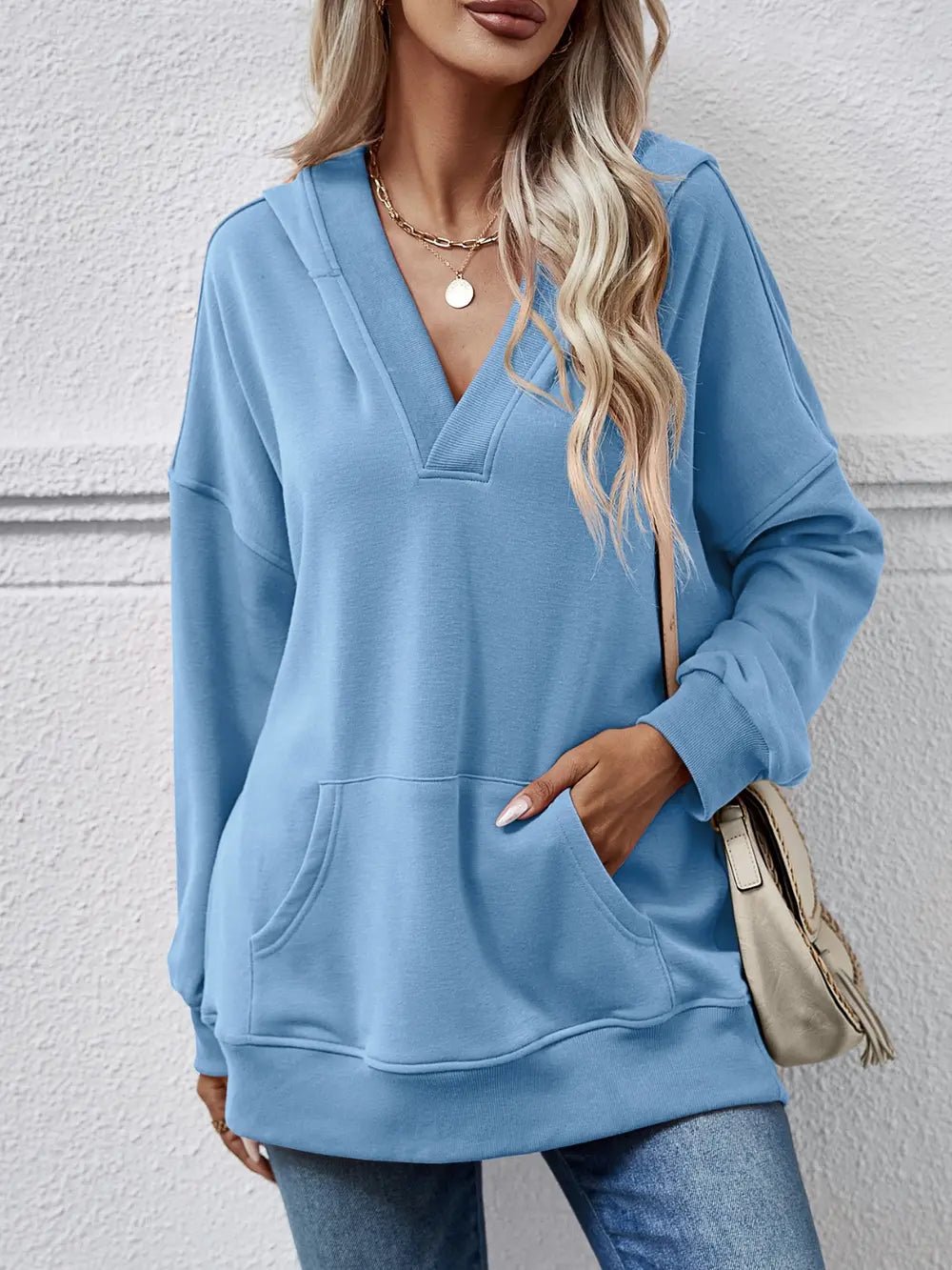 V - Neck Drop Shoulder Long Sleeve Hoodie - Style Chic Couture