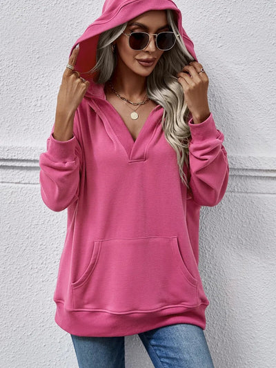 V - Neck Drop Shoulder Long Sleeve Hoodie - Style Chic Couture