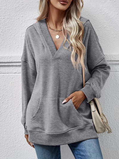V - Neck Drop Shoulder Long Sleeve Hoodie - Style Chic Couture