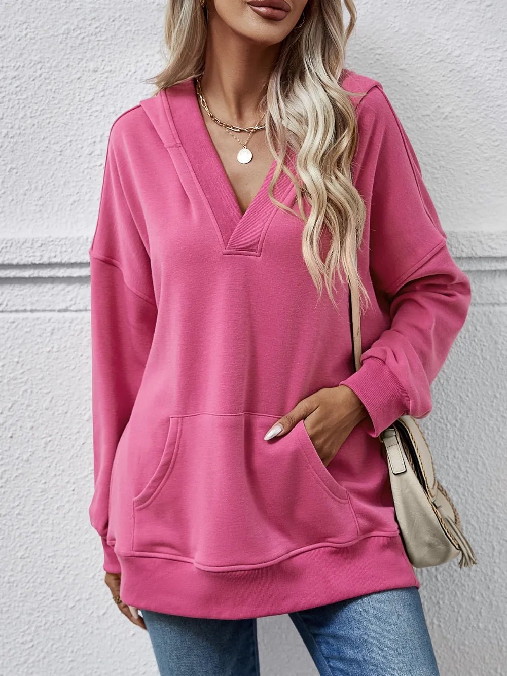 V - Neck Drop Shoulder Long Sleeve Hoodie - Style Chic Couture