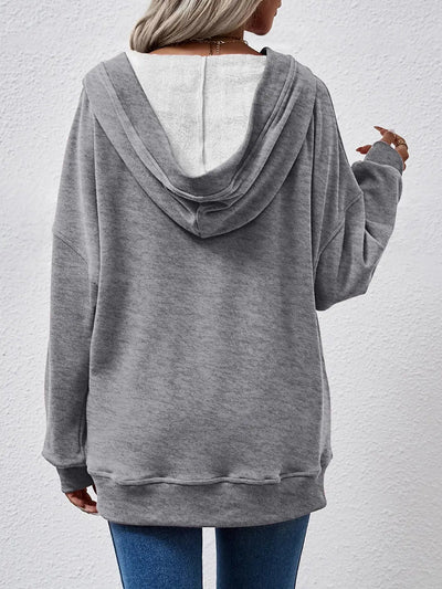 V - Neck Drop Shoulder Long Sleeve Hoodie - Style Chic Couture