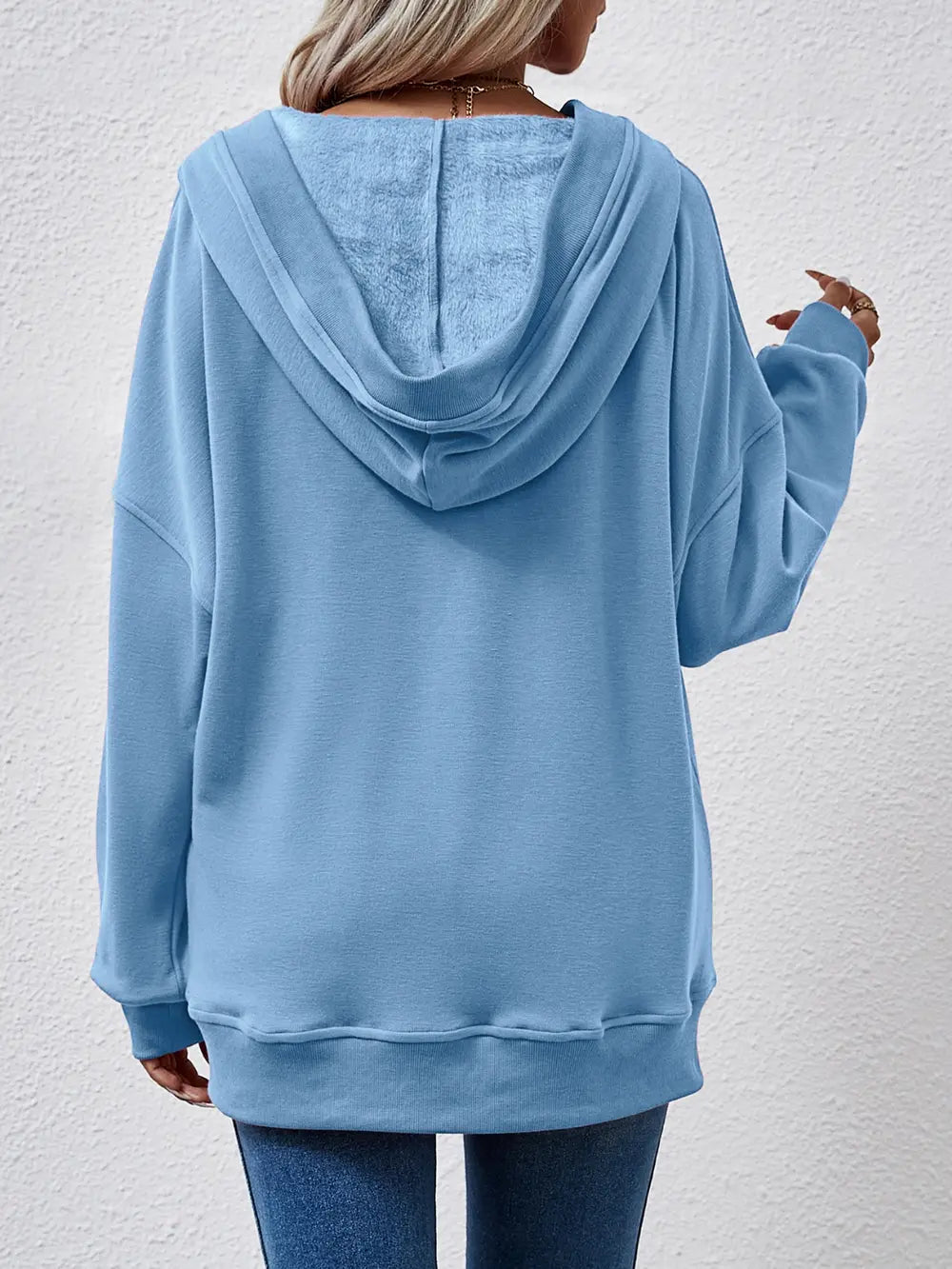V - Neck Drop Shoulder Long Sleeve Hoodie - Style Chic Couture