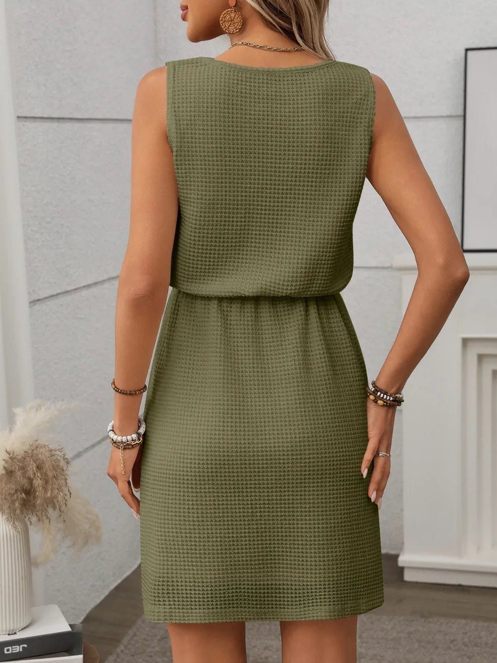 Waffle - Knit Drawstring Mini Tank Dress - Style Chic Couture