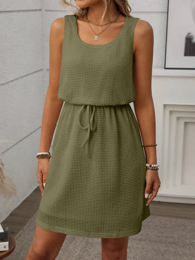 Waffle - Knit Drawstring Mini Tank Dress - Style Chic Couture