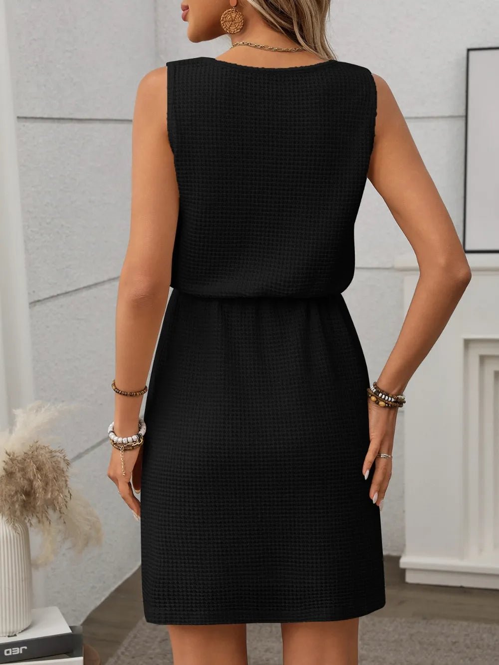 Waffle - Knit Drawstring Mini Tank Dress - Style Chic Couture