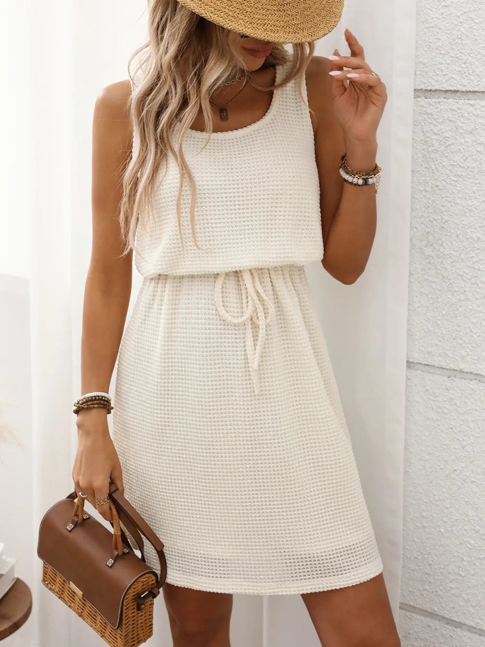 Waffle - Knit Drawstring Mini Tank Dress - Style Chic Couture