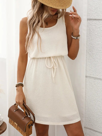 Waffle - Knit Drawstring Mini Tank Dress - Style Chic Couture