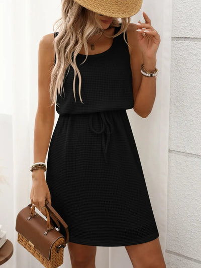 Waffle - Knit Drawstring Mini Tank Dress - Style Chic Couture