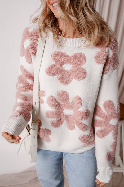 White Textured Flower Drop Shoulder Loose Sweater - Style Chic Couture