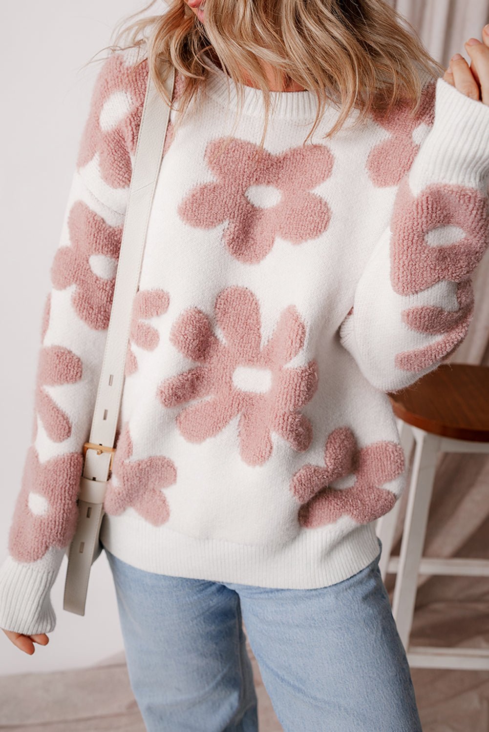 White Textured Flower Drop Shoulder Loose Sweater - Style Chic Couture