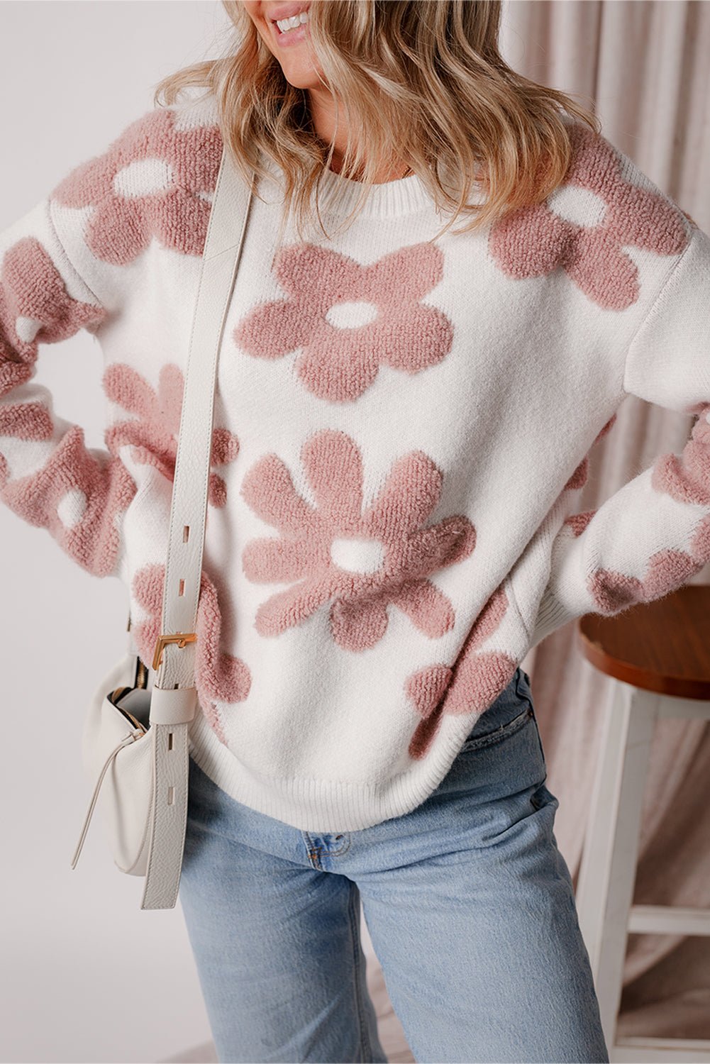 White Textured Flower Drop Shoulder Loose Sweater - Style Chic Couture