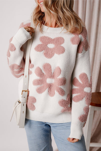 White Textured Flower Drop Shoulder Loose Sweater - Style Chic Couture