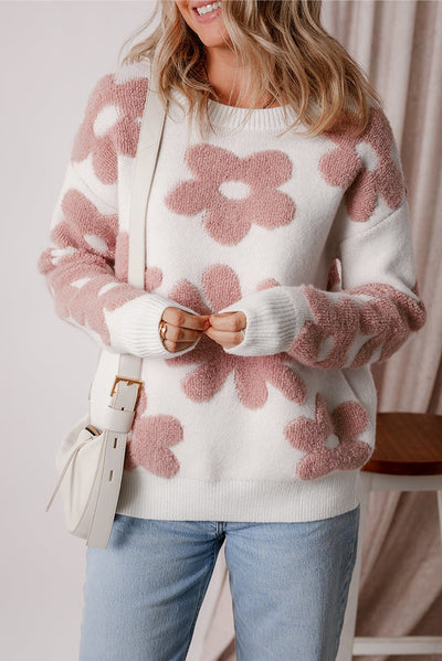 White Textured Flower Drop Shoulder Loose Sweater - Style Chic Couture