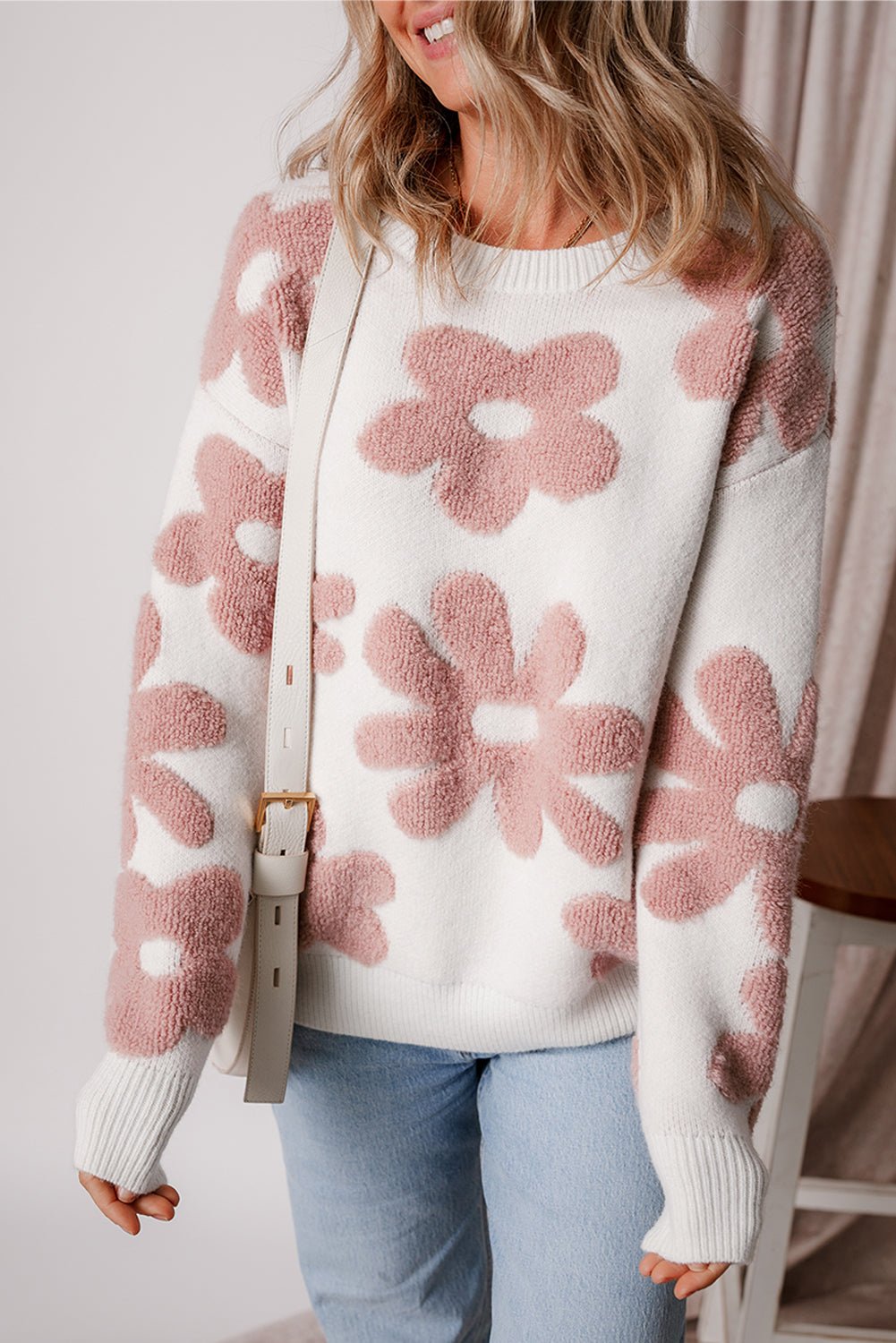 White Textured Flower Drop Shoulder Loose Sweater - Style Chic Couture