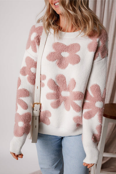 White Textured Flower Drop Shoulder Loose Sweater - Style Chic Couture