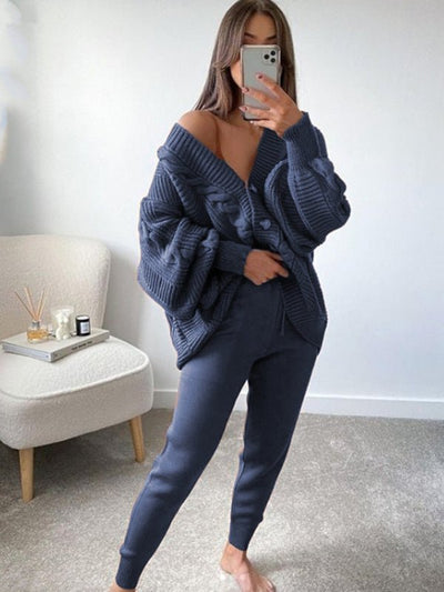 Women's Fashion V - neck Solid Color Suit Sweater + Knitted Pants - Style Chic Couture