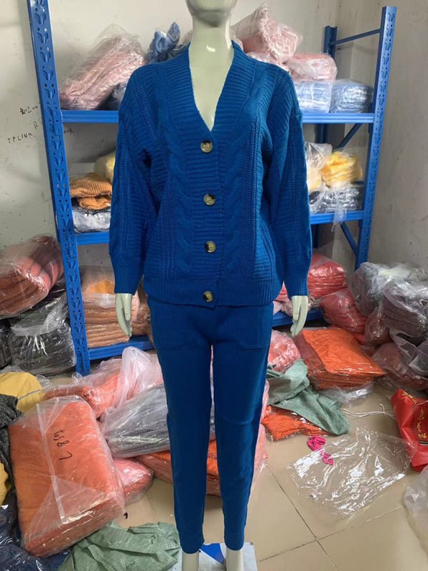 Women's Fashion V - neck Solid Color Suit Sweater + Knitted Pants - Style Chic Couture