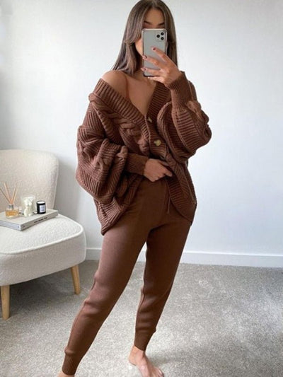 Women's Fashion V - neck Solid Color Suit Sweater + Knitted Pants - Style Chic Couture