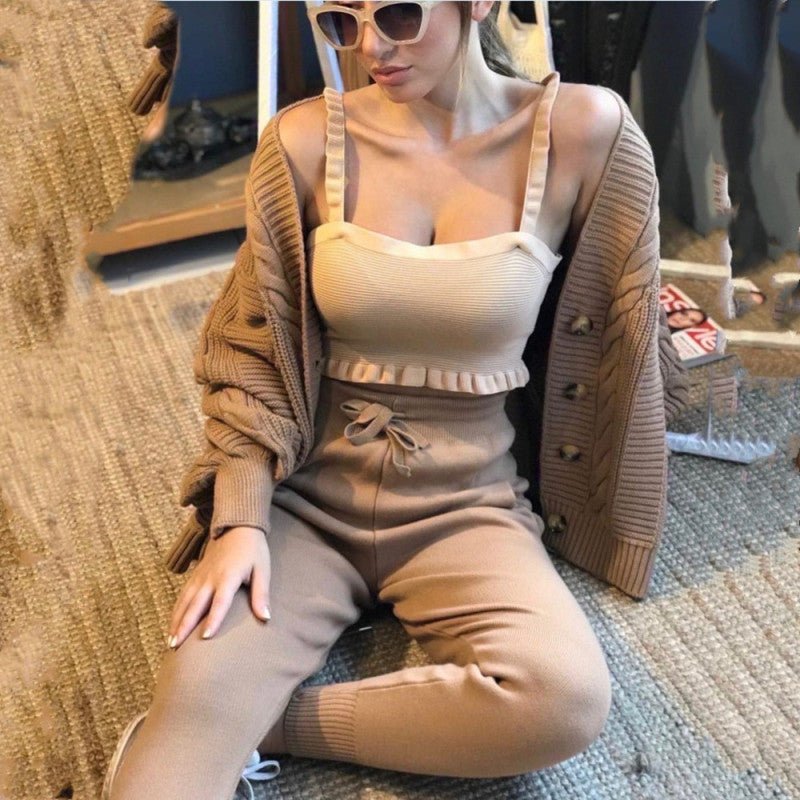 Women's Fashion V - neck Solid Color Suit Sweater + Knitted Pants - Style Chic Couture
