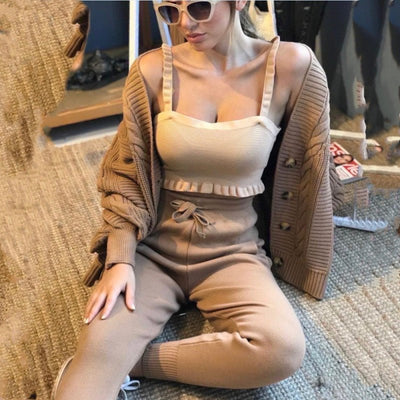 Women's Fashion V - neck Solid Color Suit Sweater + Knitted Pants - Style Chic Couture
