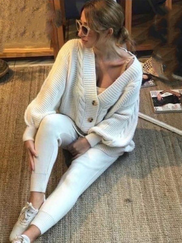 Women's Fashion V - neck Solid Color Suit Sweater + Knitted Pants - Style Chic Couture