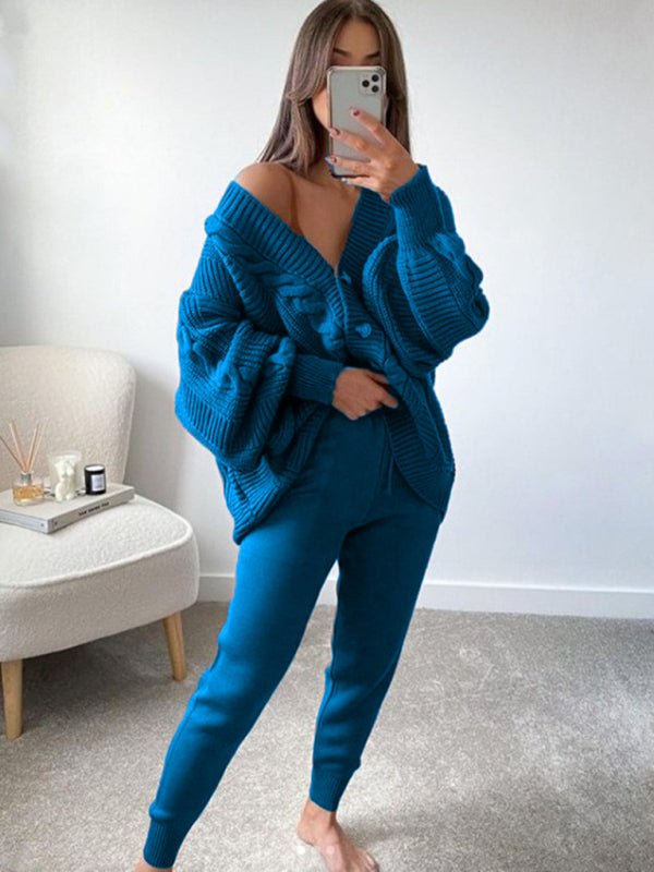 Women's Fashion V - neck Solid Color Suit Sweater + Knitted Pants - Style Chic Couture
