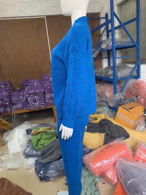 Women's Fashion V - neck Solid Color Suit Sweater + Knitted Pants - Style Chic Couture