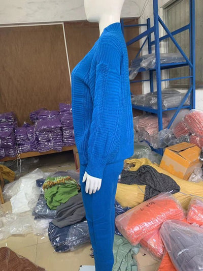 Women's Fashion V - neck Solid Color Suit Sweater + Knitted Pants - Style Chic Couture