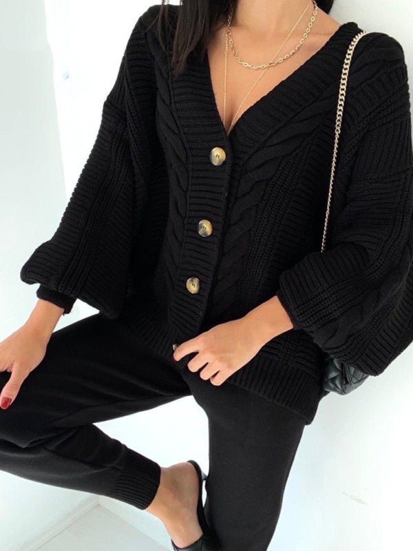 Women's Fashion V - neck Solid Color Suit Sweater + Knitted Pants - Style Chic Couture
