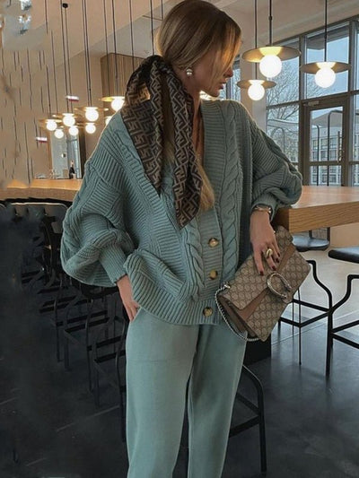 Women's Fashion V - neck Solid Color Suit Sweater + Knitted Pants - Style Chic Couture