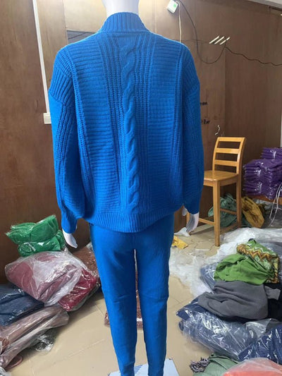 Women's Fashion V - neck Solid Color Suit Sweater + Knitted Pants - Style Chic Couture