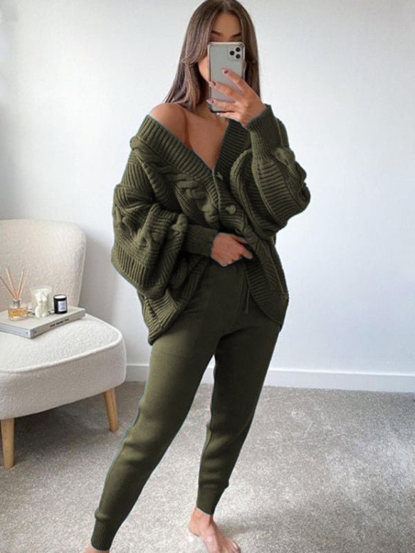 Women's Fashion V - neck Solid Color Suit Sweater + Knitted Pants - Style Chic Couture