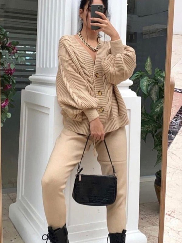 Women's Fashion V - neck Solid Color Suit Sweater + Knitted Pants - Style Chic Couture
