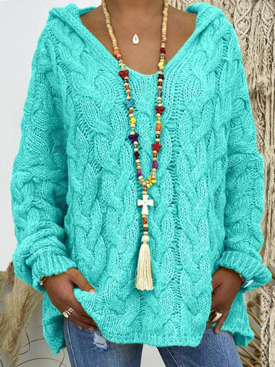 Women's long - sleeved hooded V - neck knitted loose pullover sweater (without necklace) - Style Chic Couture